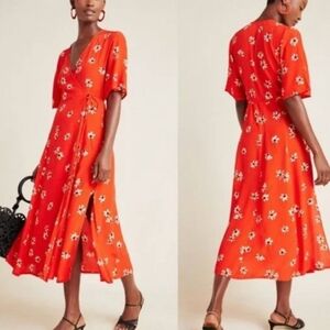 Anthropologie Vibrant Red Floral Midi Dress